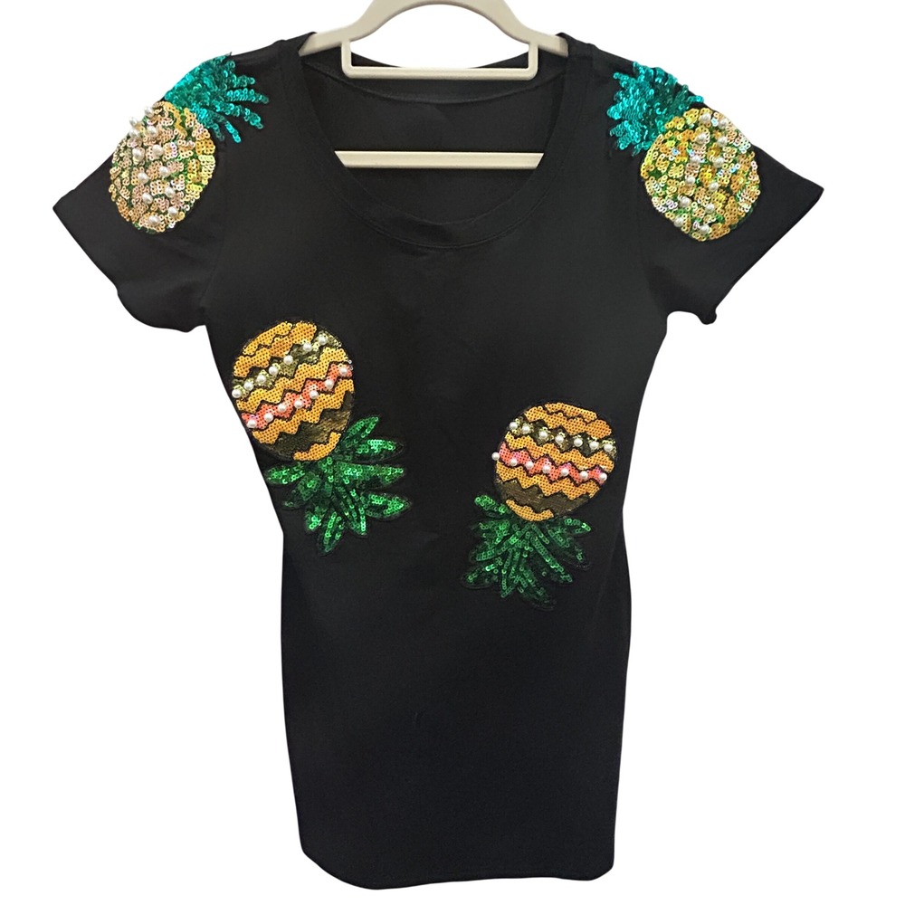 Sparkly Pineapple Sequin Embellished Black T Shirt Dress Fun Vacation Size M